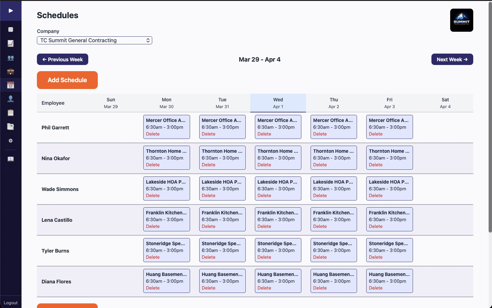 Weekly employee schedule grid