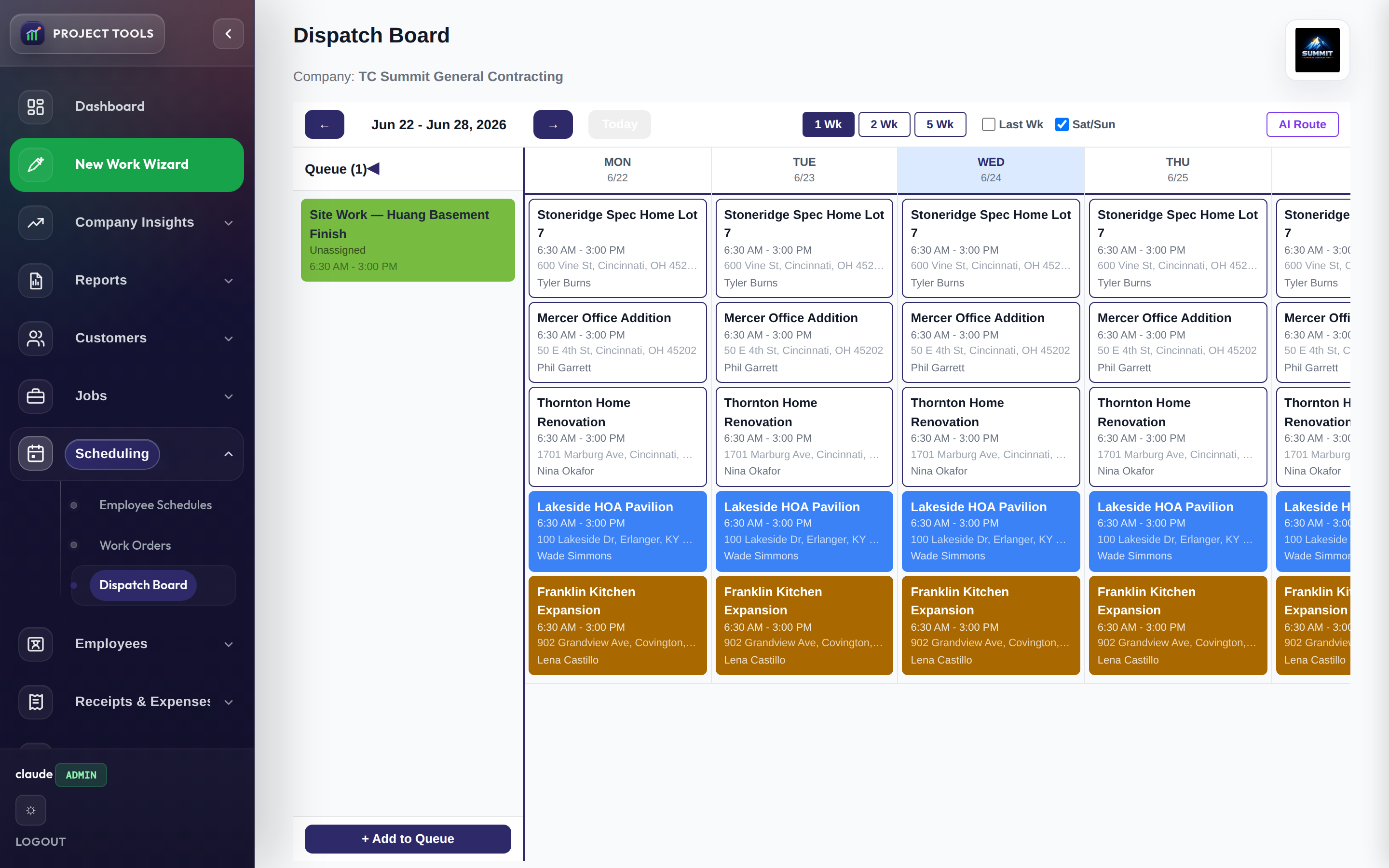 Dispatch board with an unscheduled queue and a multi-day drag-and-drop calendar