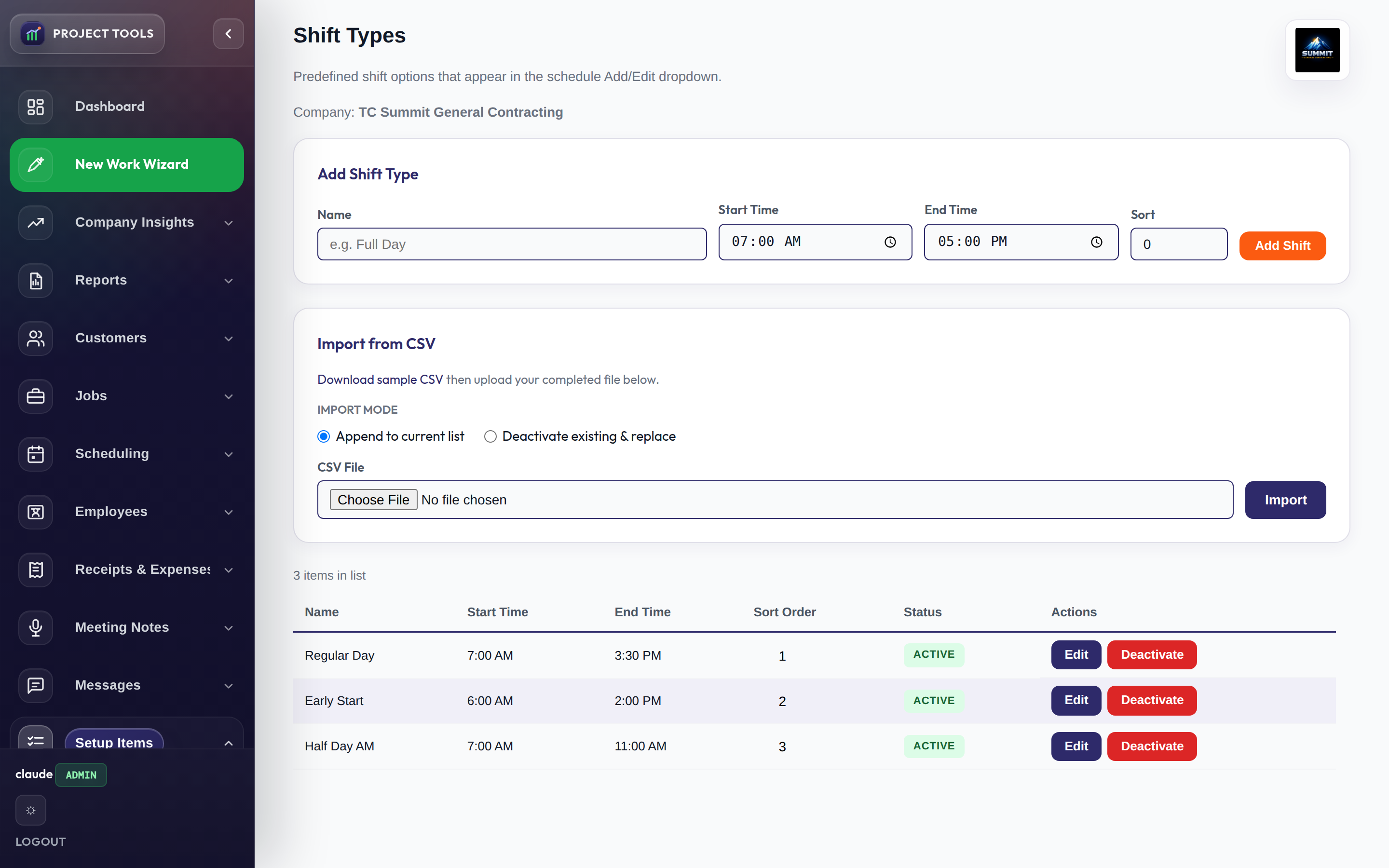 Shift Types list with preset names and start and end times