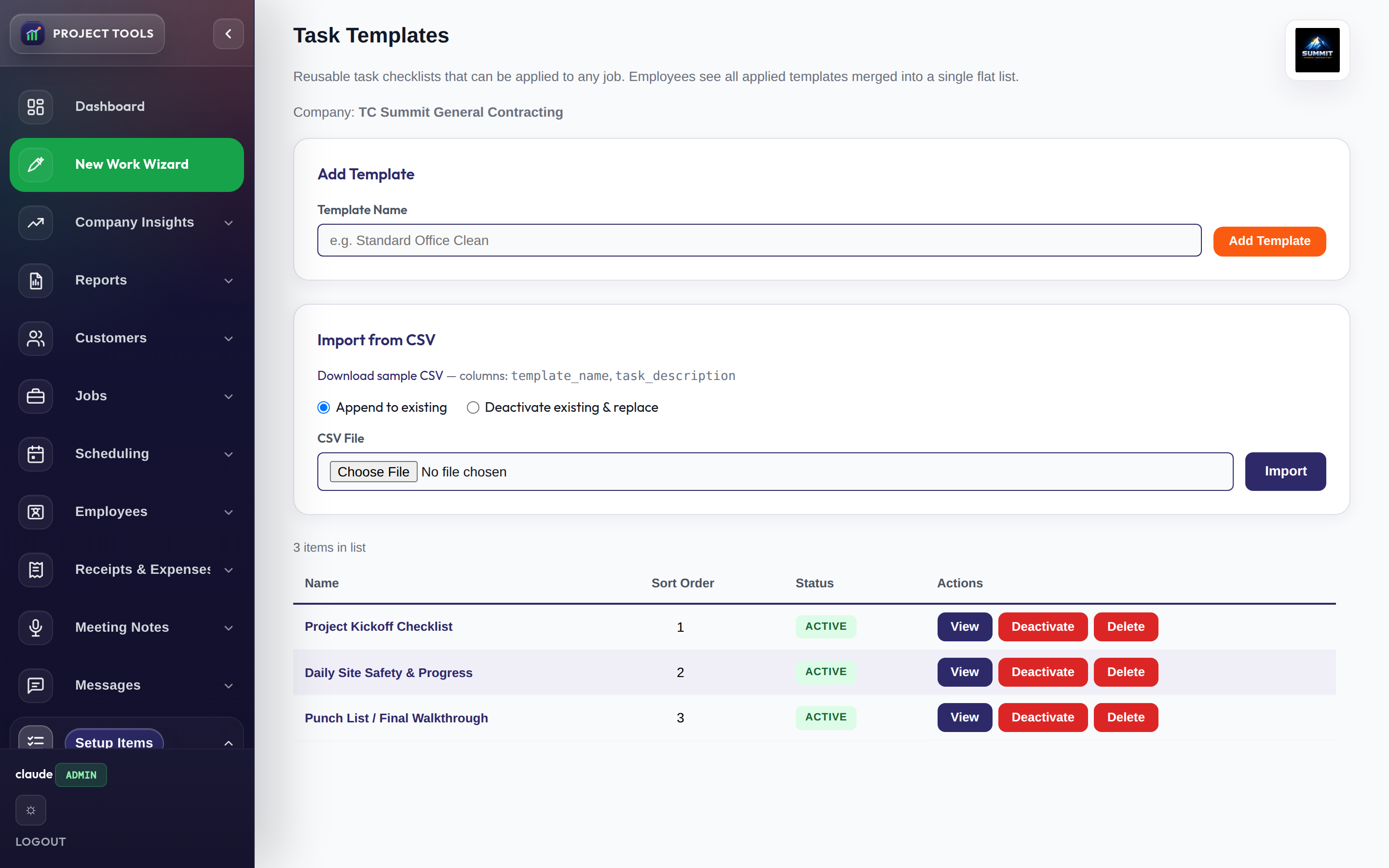 Task Templates list of reusable job checklists