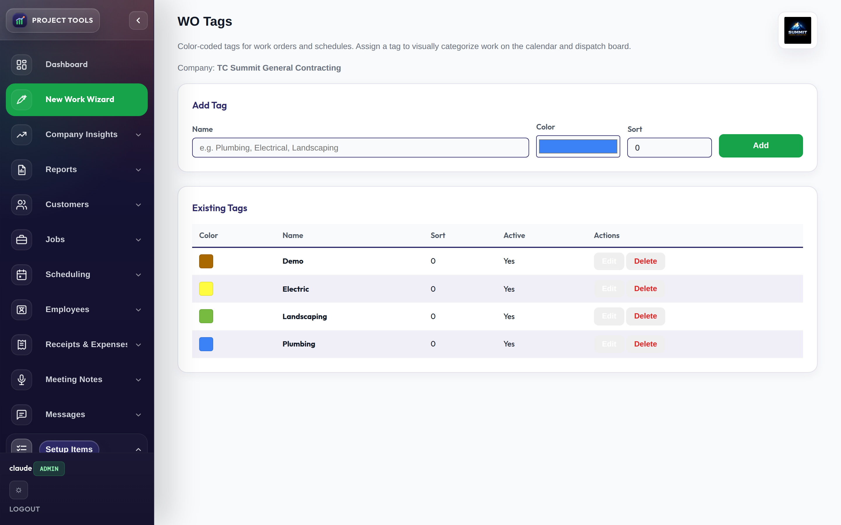 Work Order Tags list for categorizing recurring work