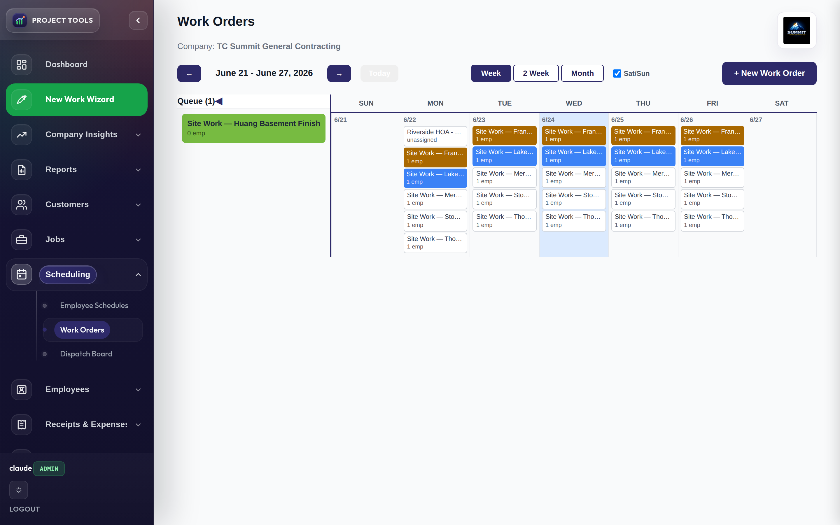 Work Orders calendar with recurring jobs across the week