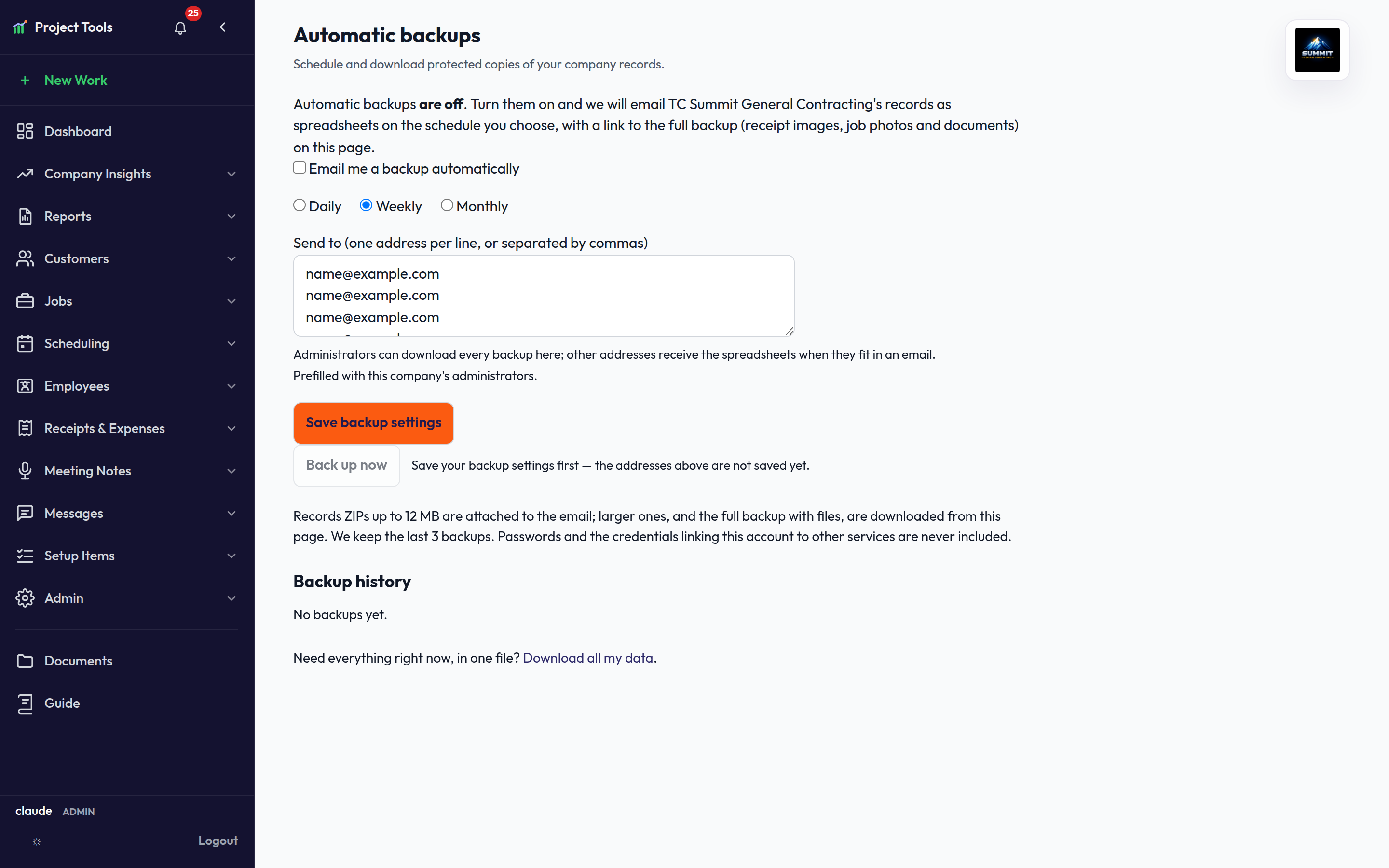 Automatic backups page with the schedule, recipients, Back up now, and the backup history
