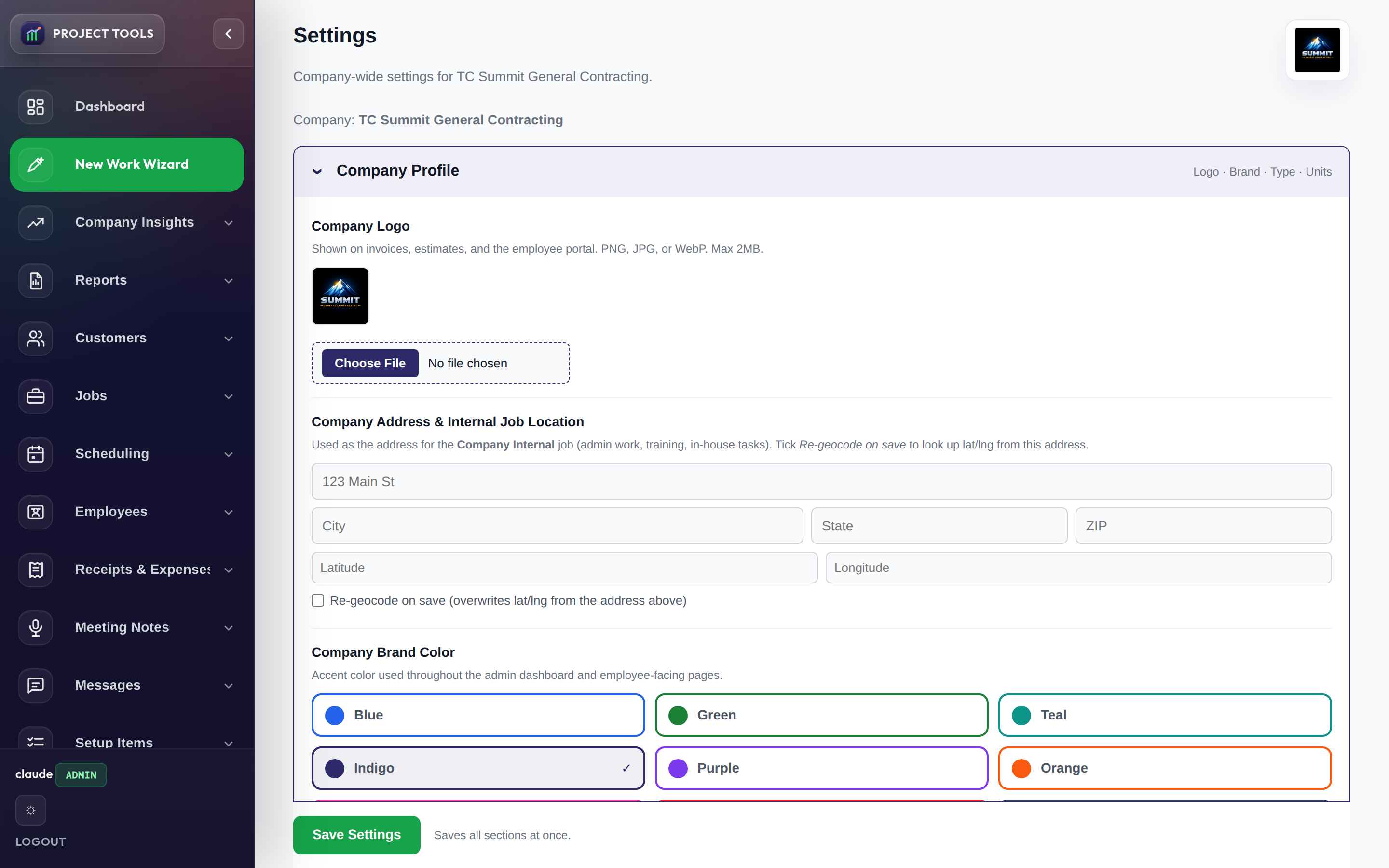Company Profile settings with logo, brand color, and address