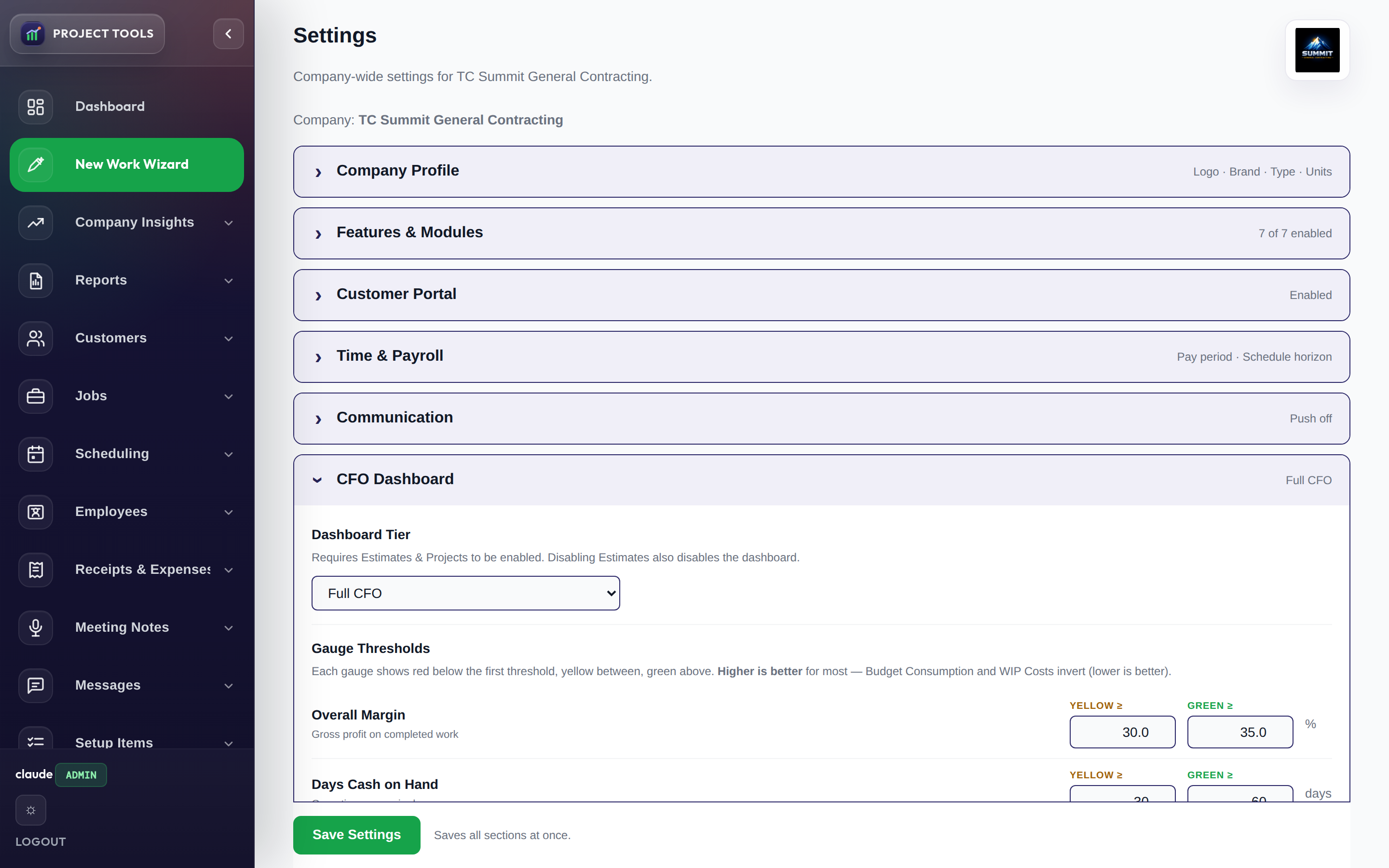 CFO Dashboard settings with the education tier and gauge thresholds