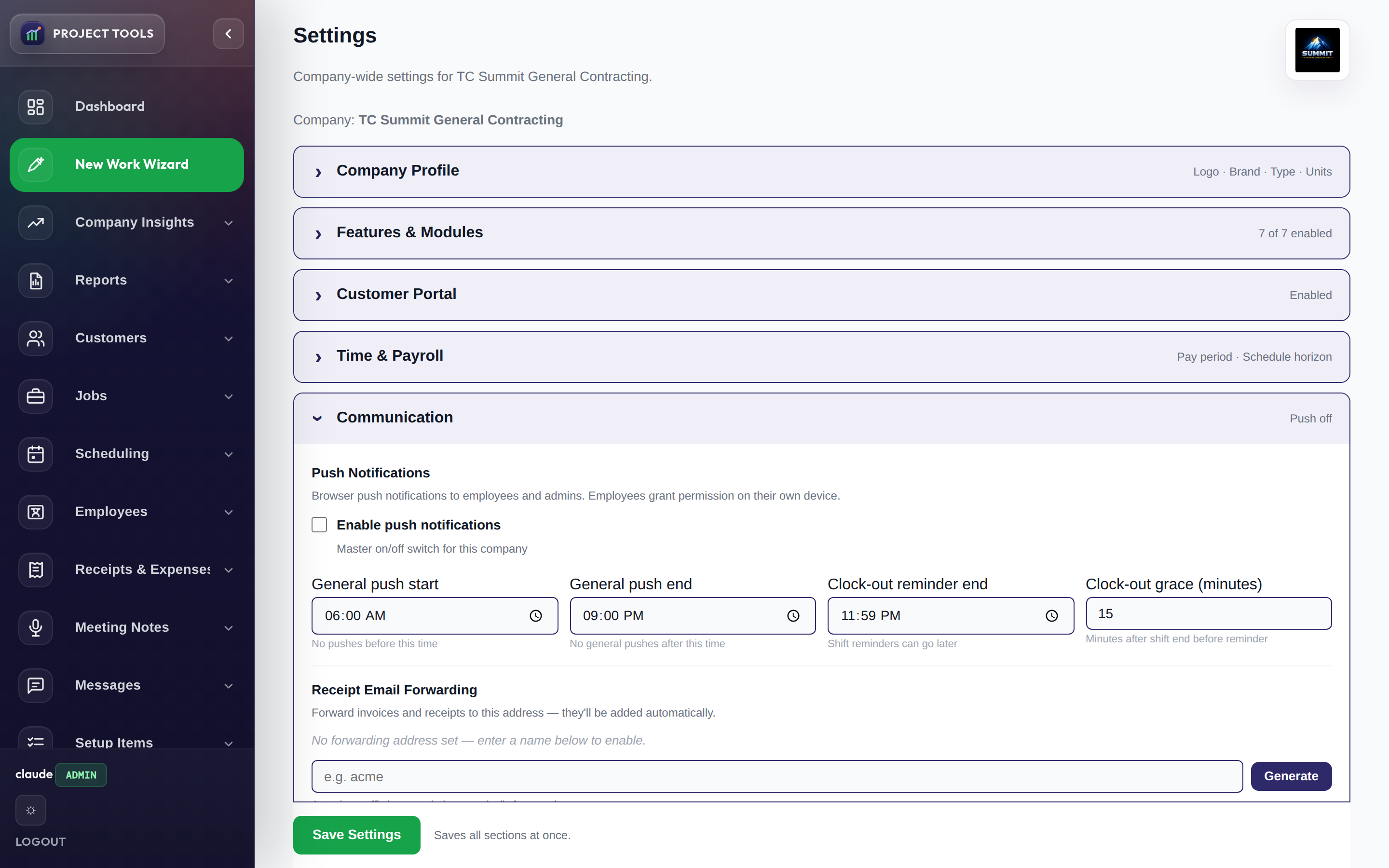 Communication settings with push notifications and receipt email forwarding