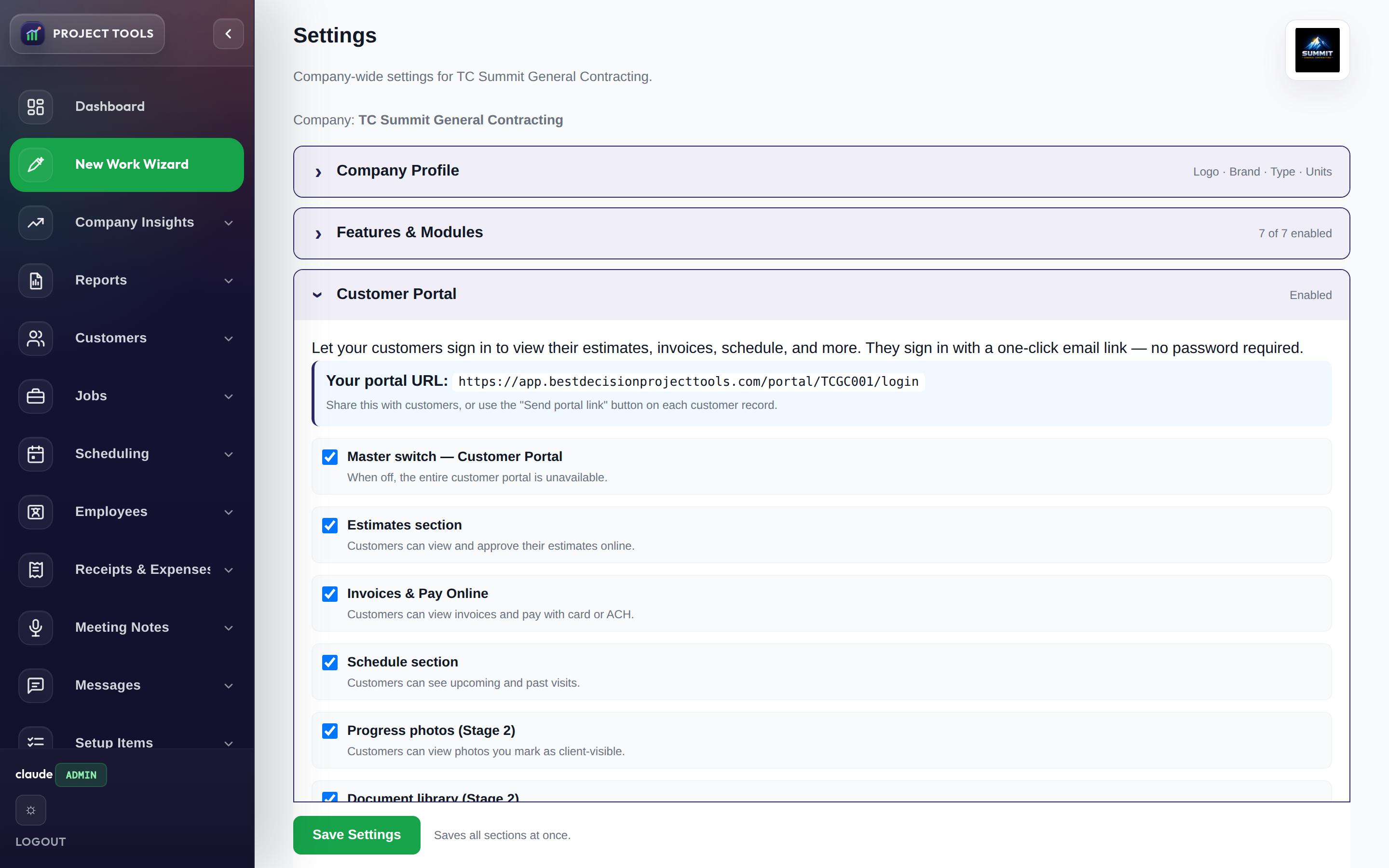 Customer Portal settings with per-area toggles