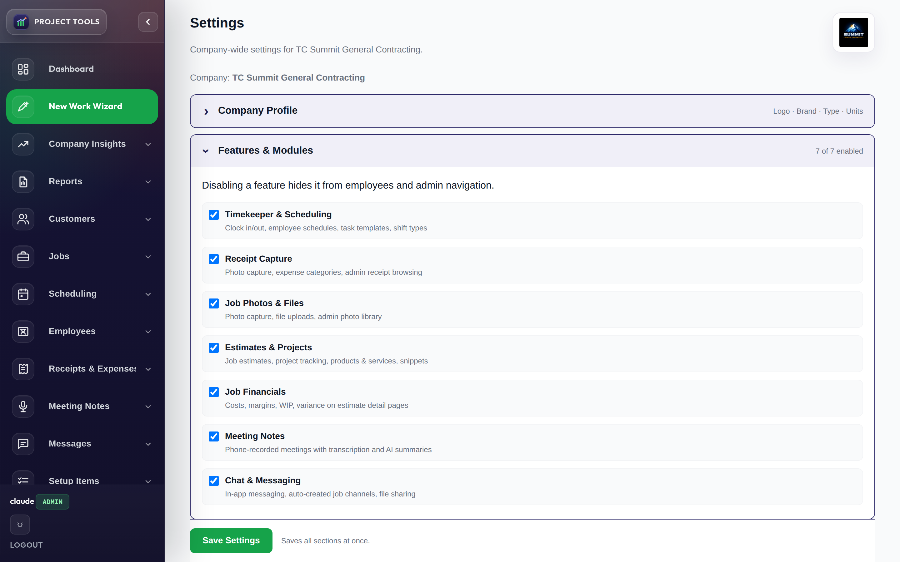 Features and Modules settings with per-module toggles