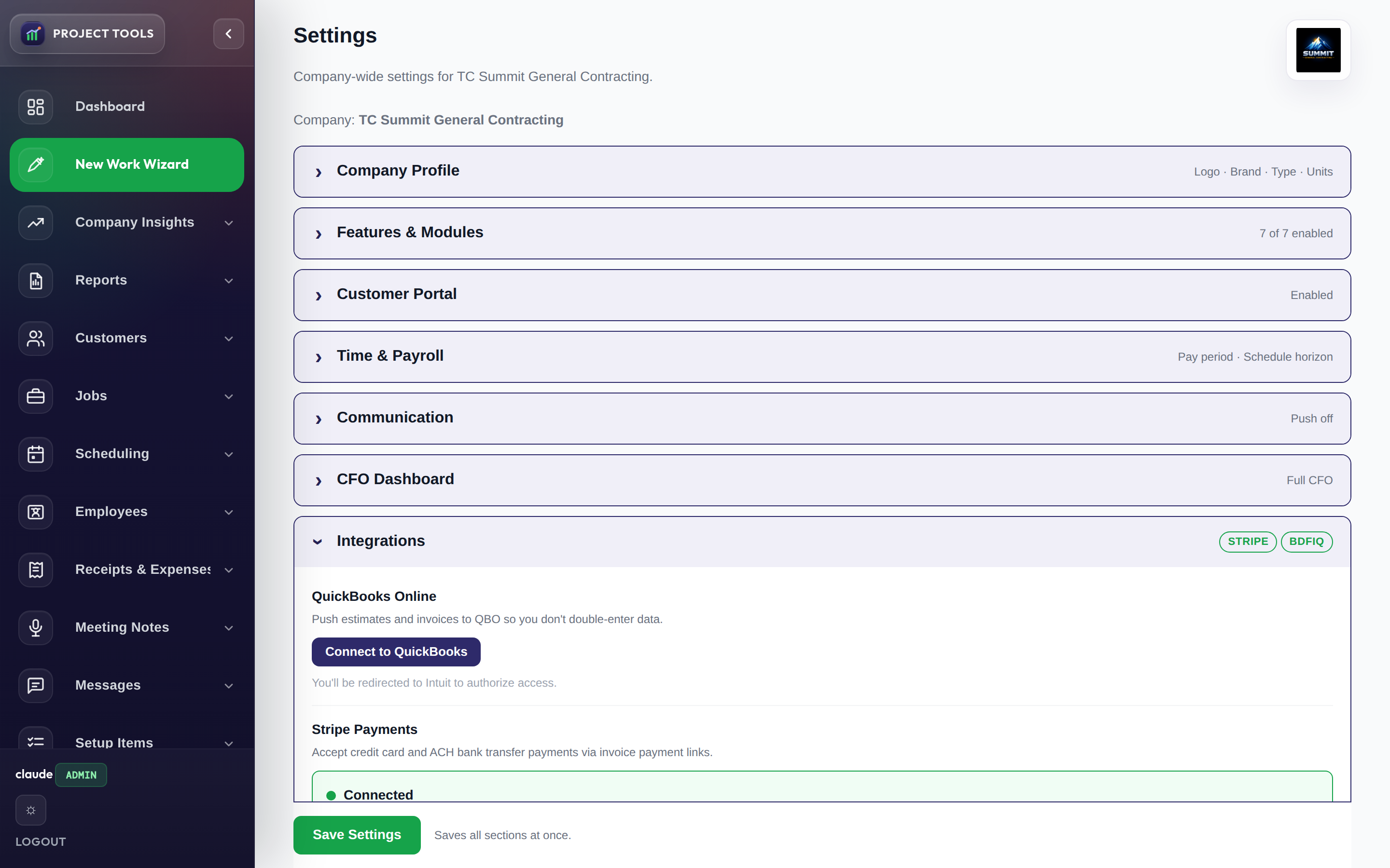 Integrations settings with Connect to QuickBooks and Stripe connection status