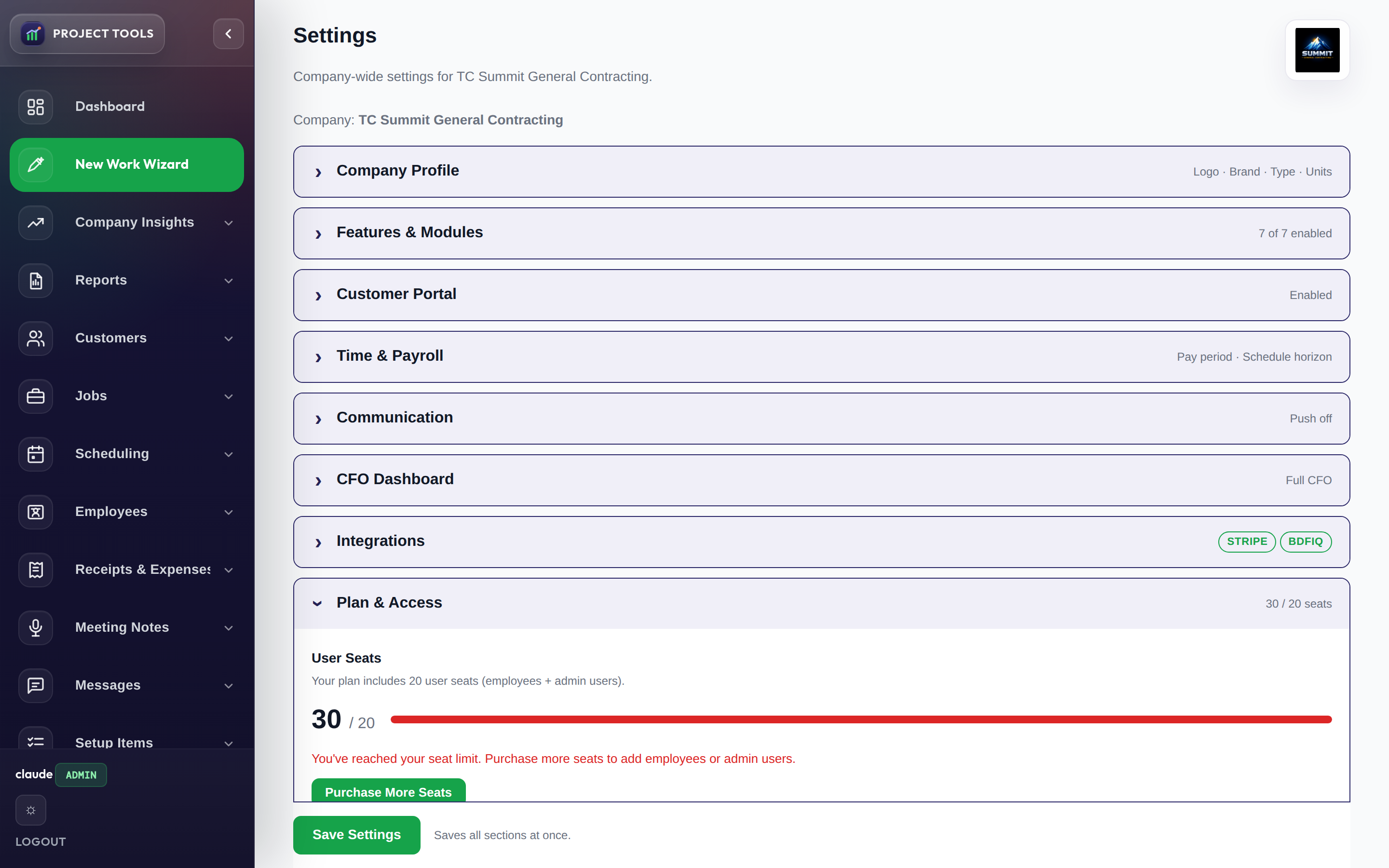 Plan and Access settings with user seats