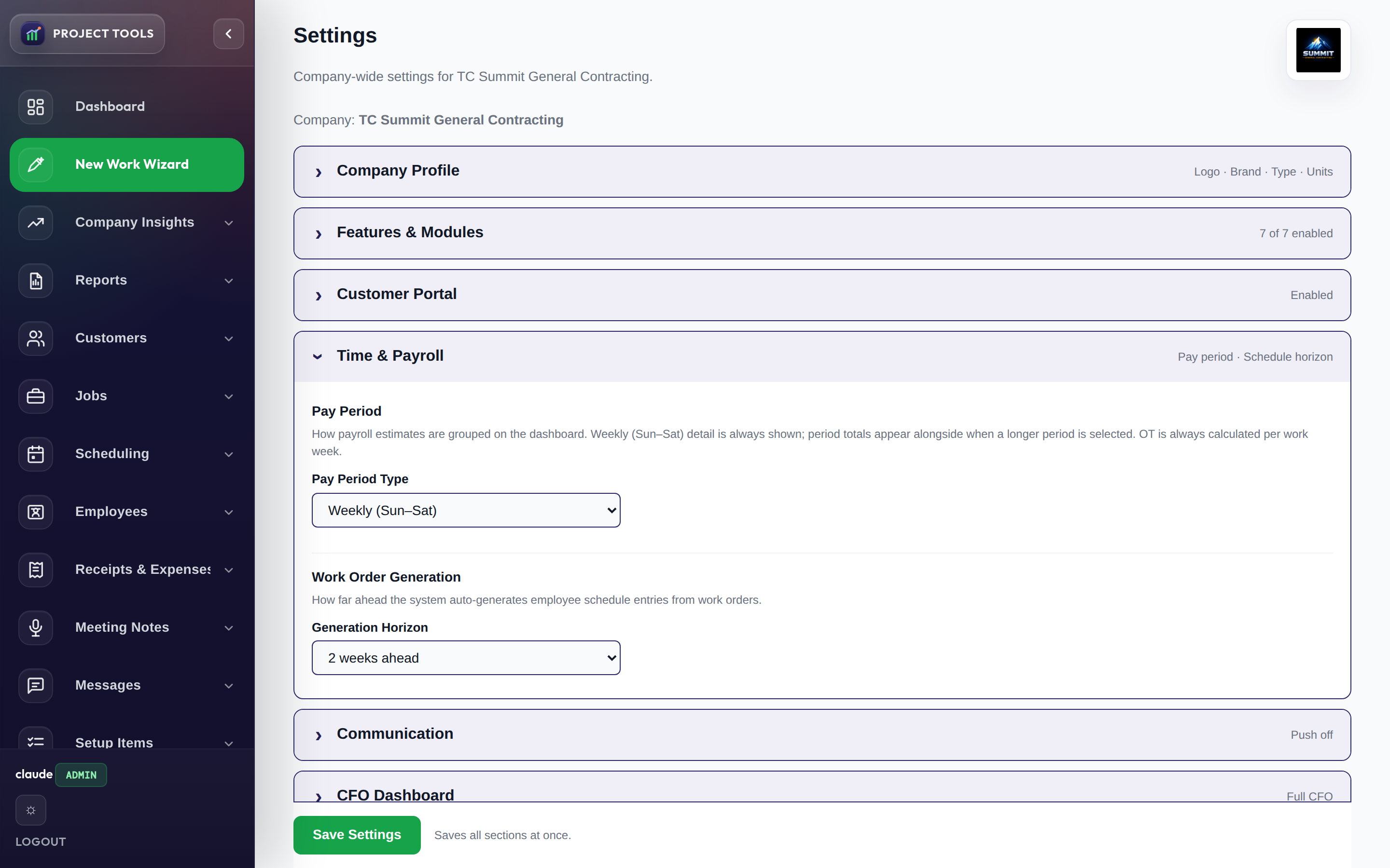 Time and Payroll settings with pay period and schedule horizon