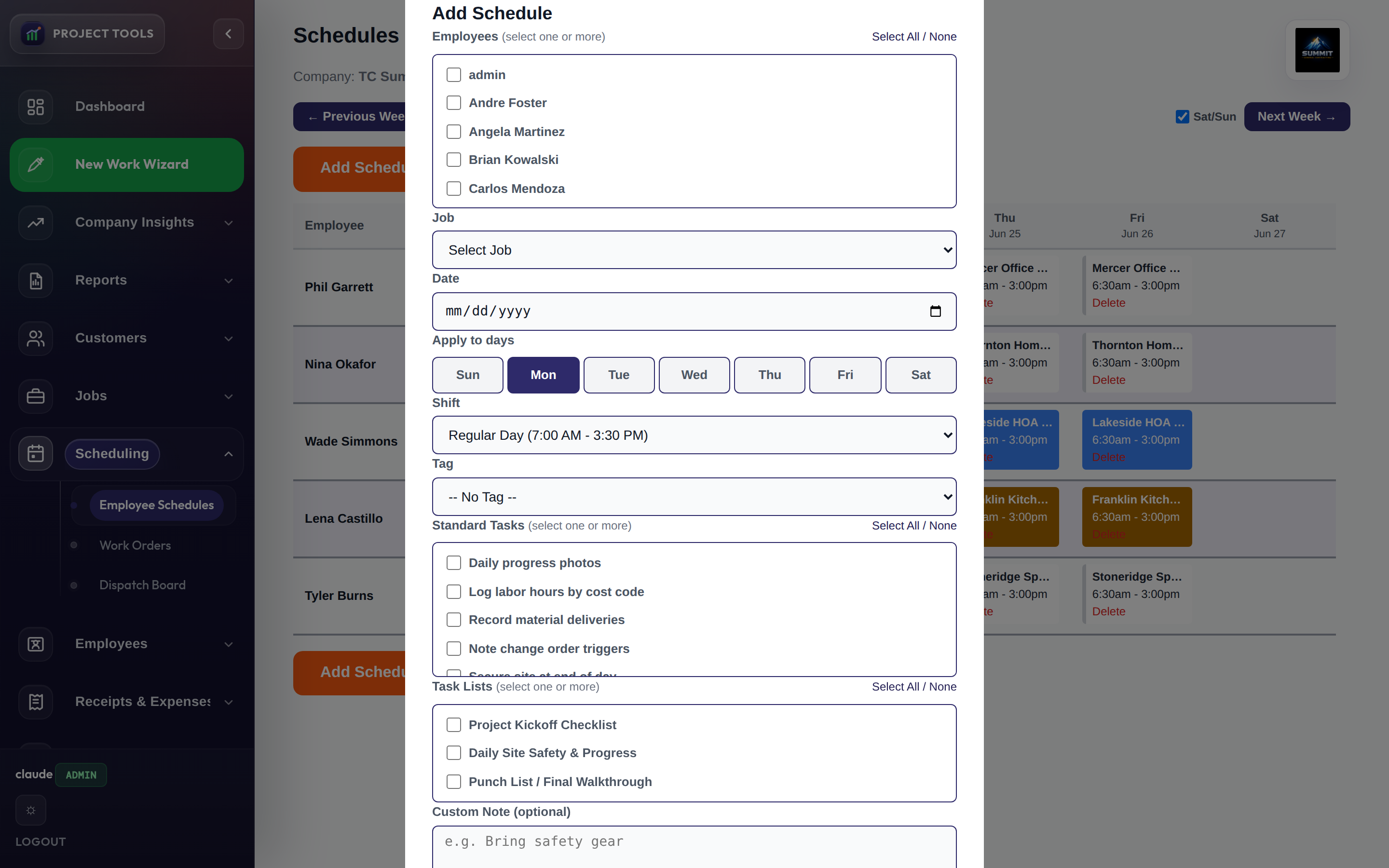 Add shift form with standard tasks, task lists, and project tasks to attach