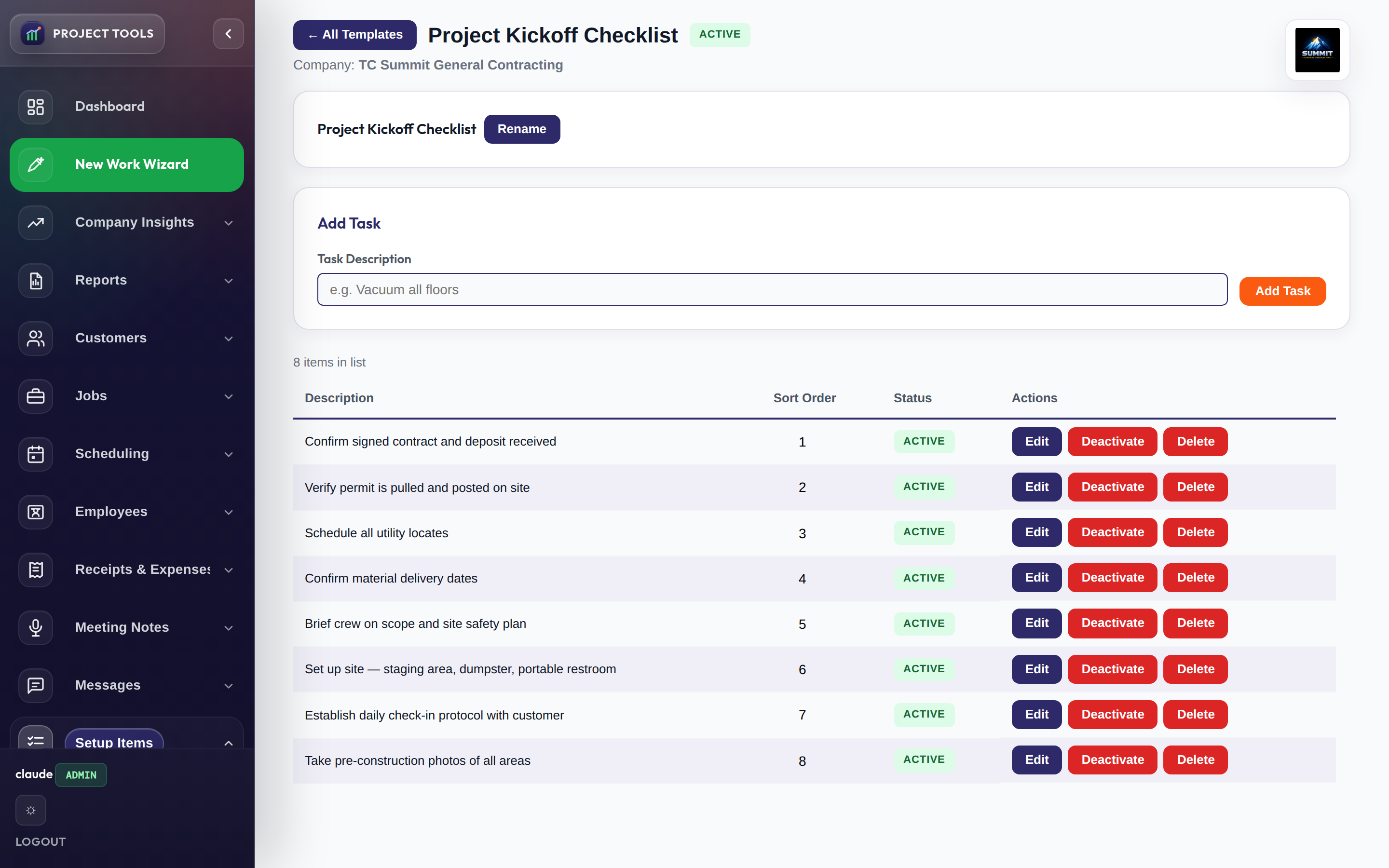 Task template detail with an ordered checklist of task items