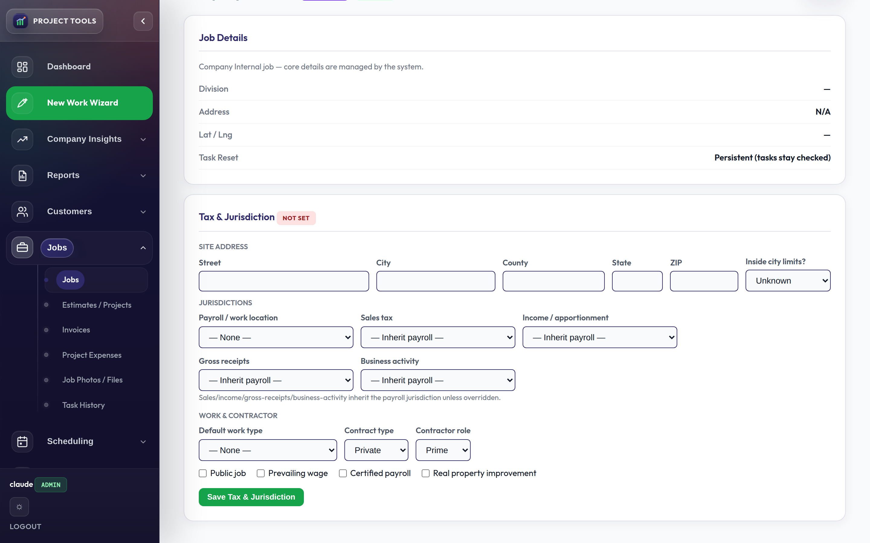Job Tax and Jurisdiction panel with payroll, sales, income, gross receipts, and business activity dropdowns