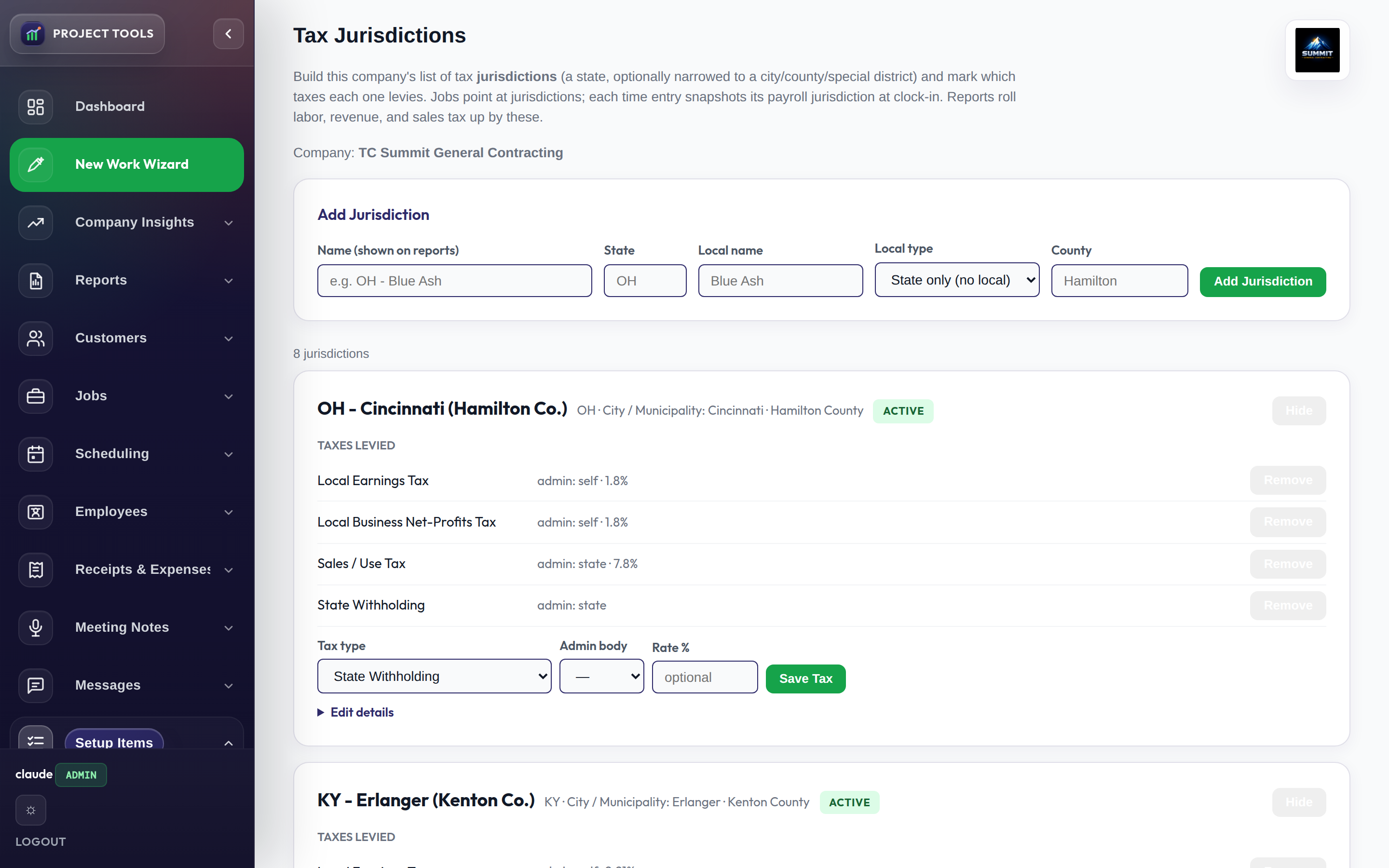 Tax Jurisdictions setup listing each place and the taxes it levies
