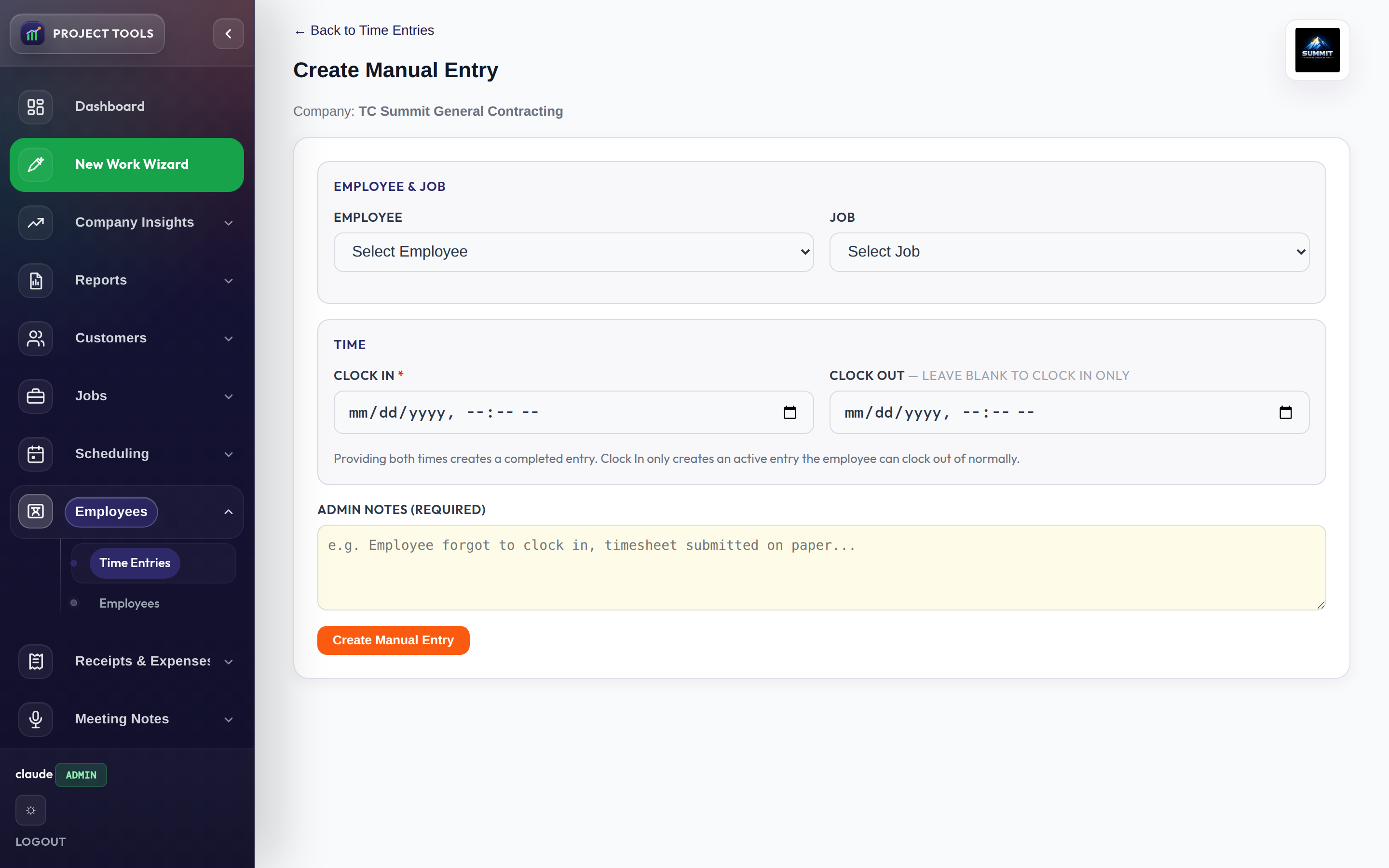 Manual time entry form for a forgotten clock-in