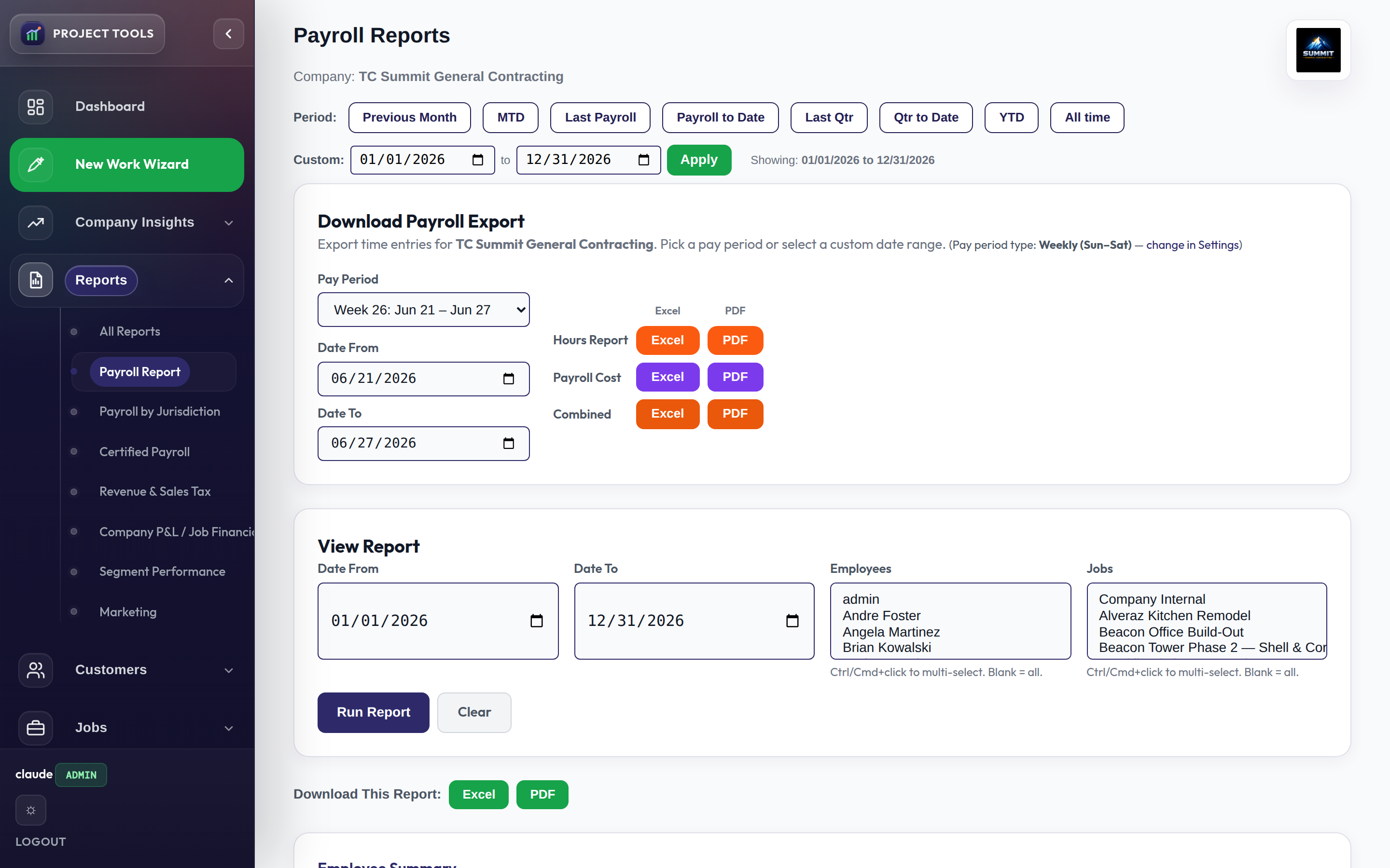Payroll export with pay period selector and Excel and PDF buttons