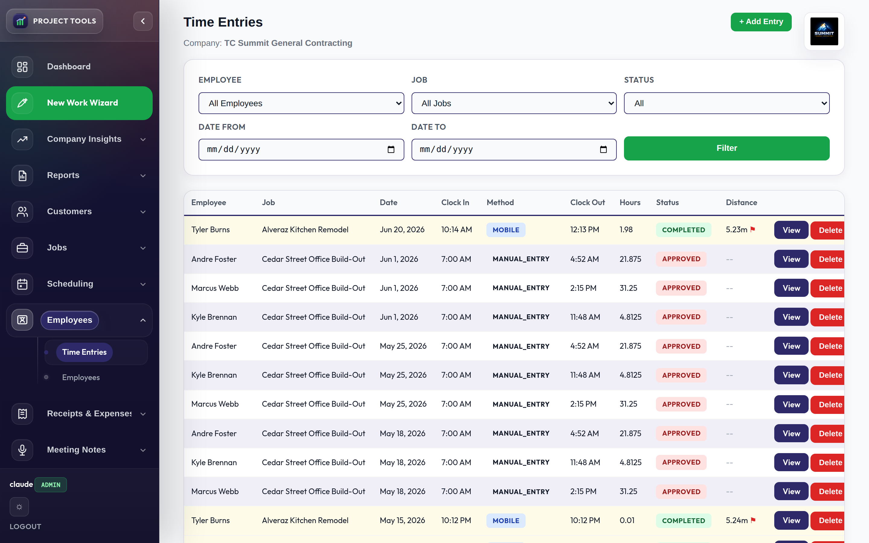 Admin time entries list with employee, job, and status filters