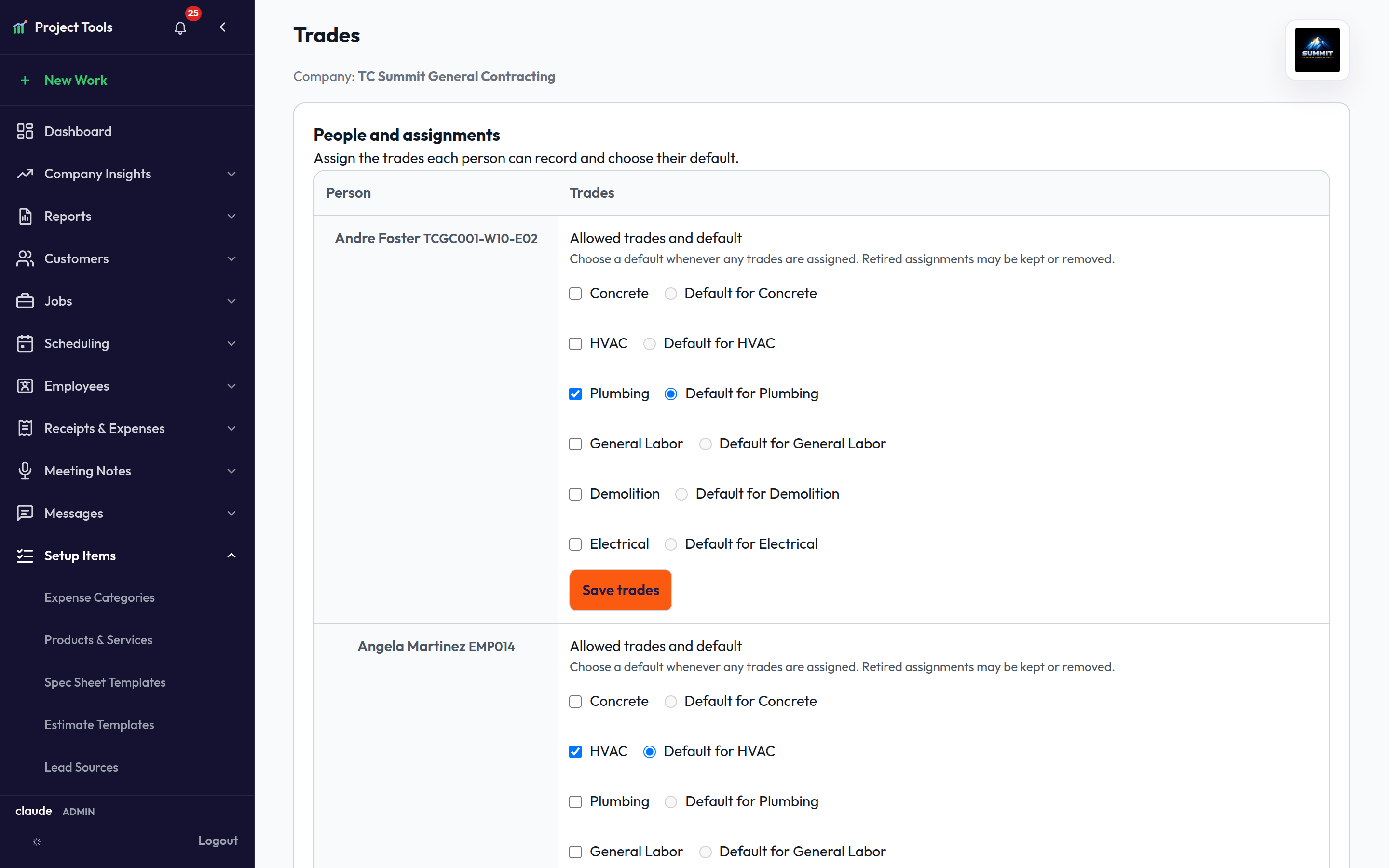 Trades page with active company members and their allowed-trade and default assignments