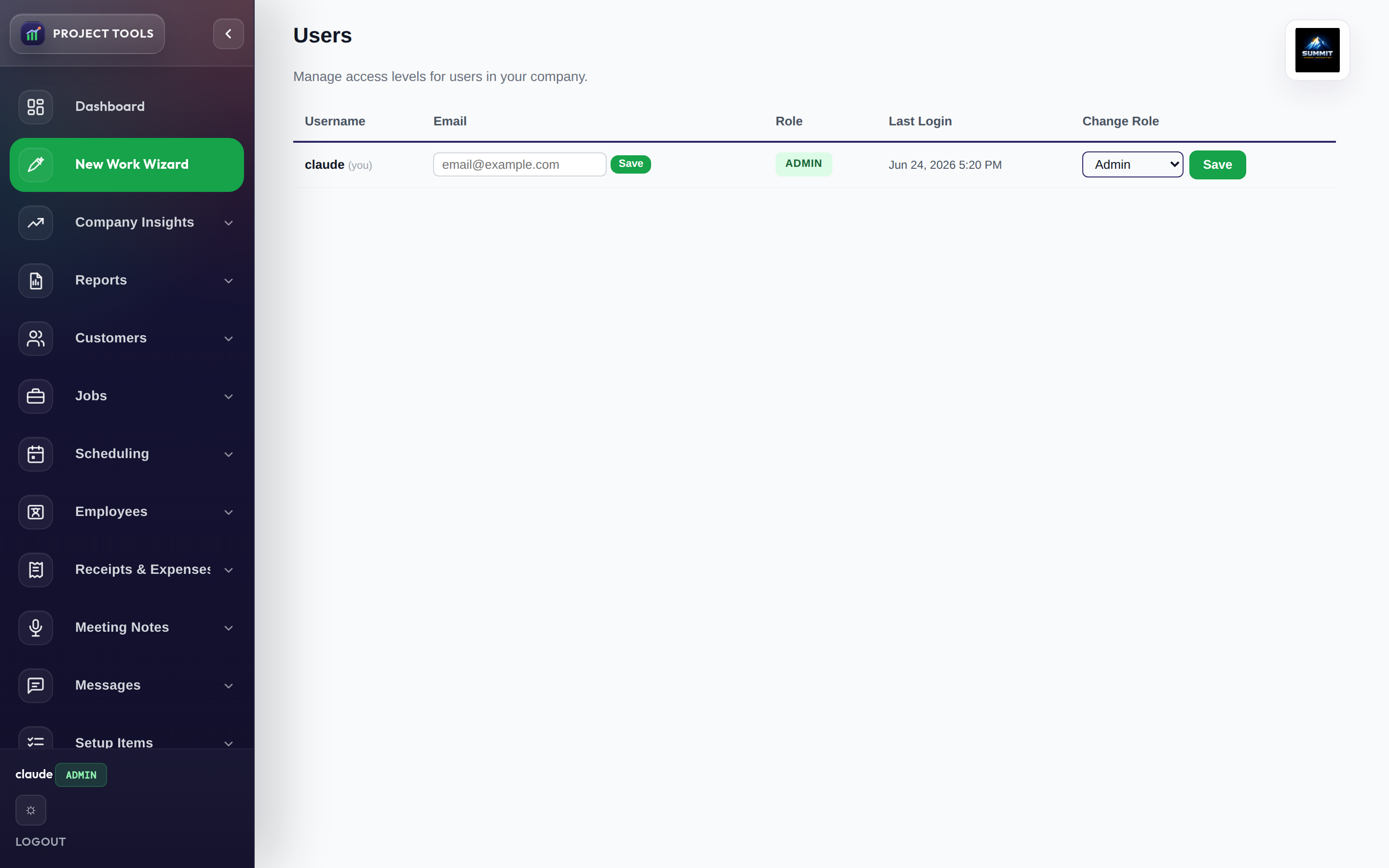 Company Users screen showing role and last login with a Change Role control